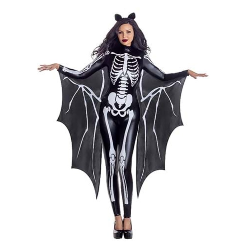 Women's Sexy Skeleton Bat Jumpsuit Costume with Attached Wings Small