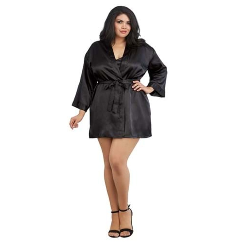 Plus Size Black Charmeuse Chemise and Robe for Women 3X/4X