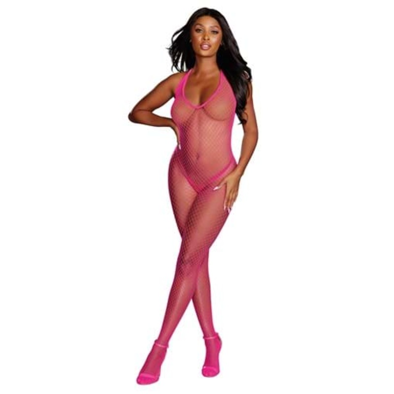 Women's Pink Diamond Net Fishnet Halter Bodystocking Standard