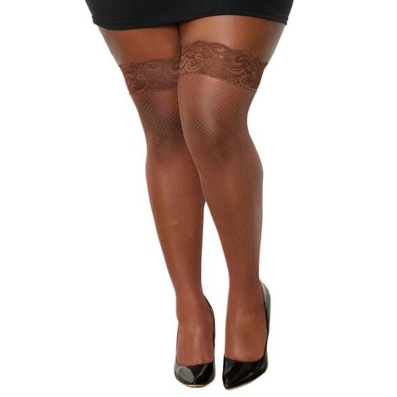 Women's Plus Size Espresso Fishnet Thigh High Stockings Plus