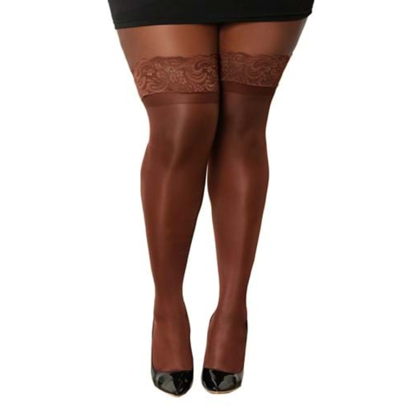 Women's Plus Size Espresso Sheer Thigh High Stockings with Scalloped Lace Top Plus