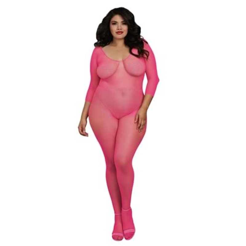 Women's Plus Size Neon Pink Fishnet Body Stocking Plus