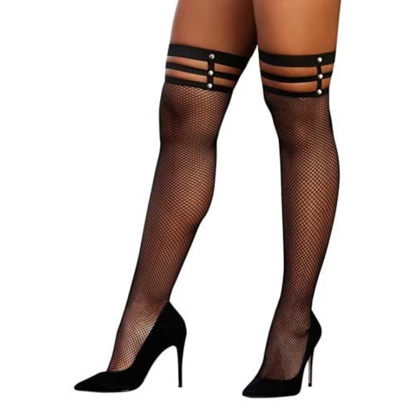 Women's Black Fishnet Thigh High Stockings with Studded Straps Standard