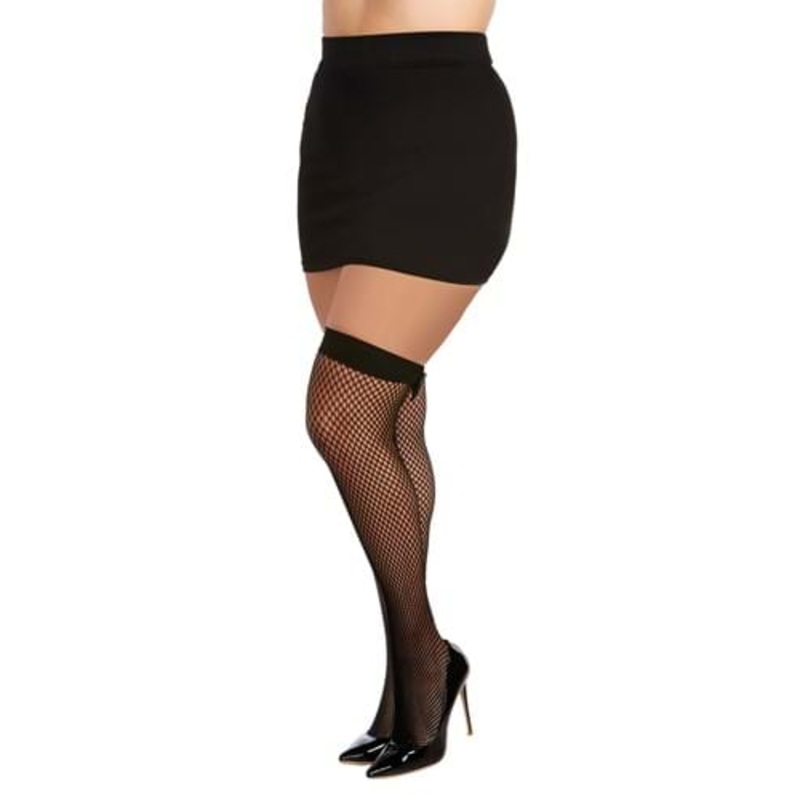 Women's Plus Black Thigh High Fishnets with Back Seam and Vinyl Bow Plus