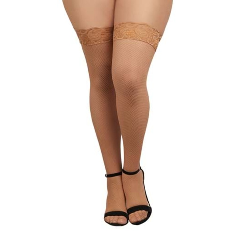 Women's Plus Size Beige Thigh High Fishnet Stockings with Lace Top Plus