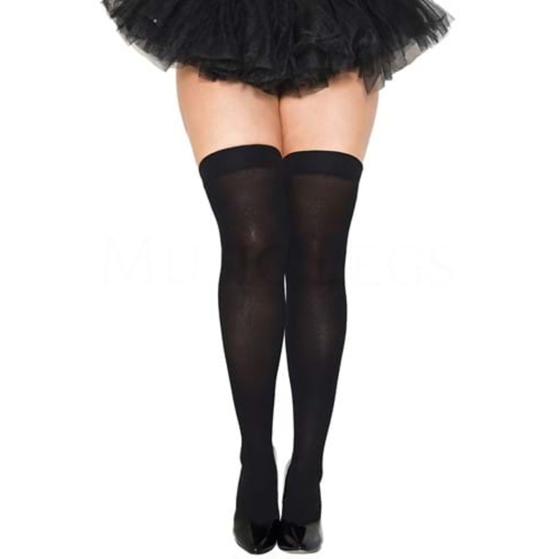Plus Size Black Opaque Nylon Thigh High Stockings for Women Plus