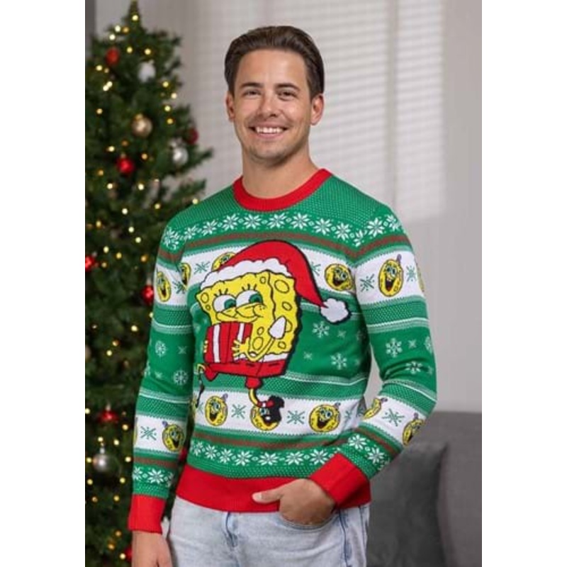 Spongebob Present Green Ugly Christmas Sweater for Adults Large
