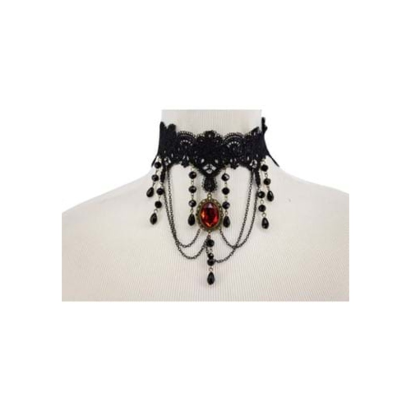 Bead and Chain Choker with Red Pendant Standard