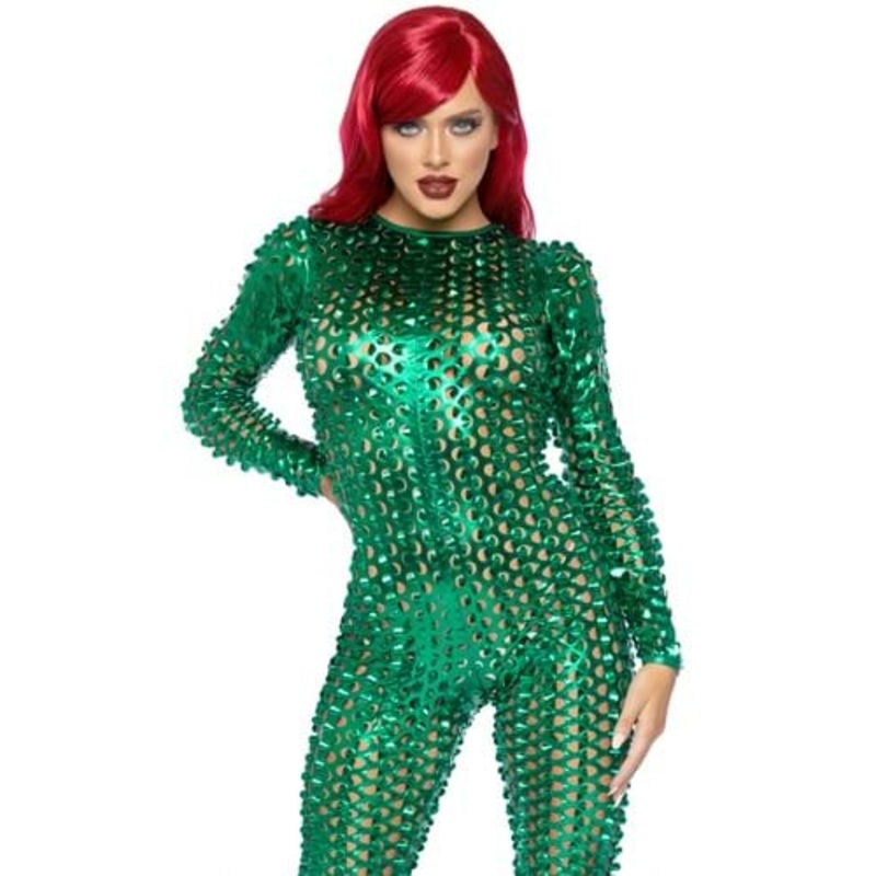 Green Laser Cut Metallic Catsuit Costume for Women Small