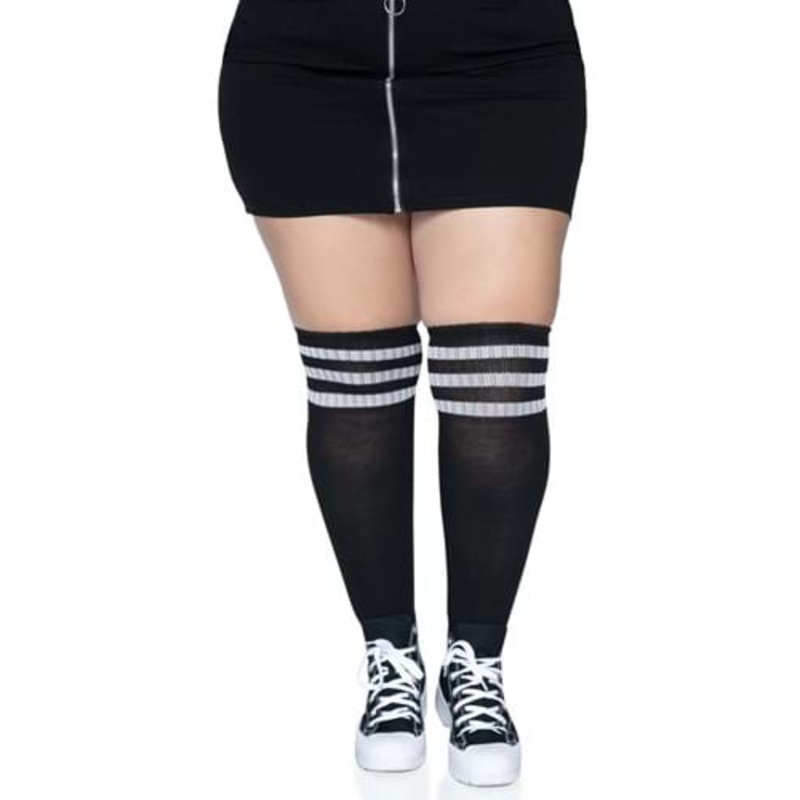 Women's Plus Size Black Athletic Socks with White Stripes 1X/2X