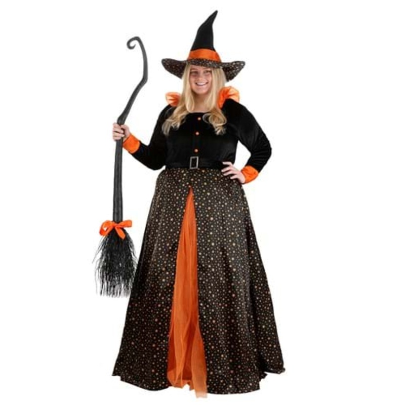Women's Plus Size Sparkling Orange Witch Costume Dress 1X