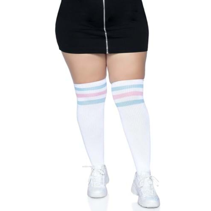 Women's Plus Size White Athletic Socks with Pink and Blue Stripes 1X/2X
