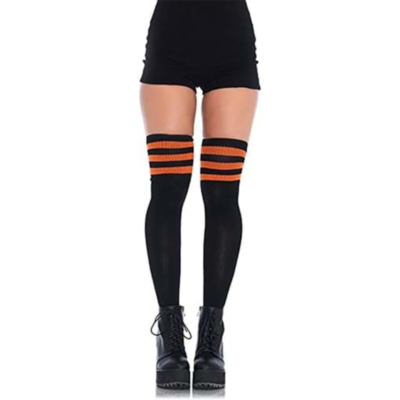 Women's Thigh High Black Athletic Socks w/ Orange Stripes Standard