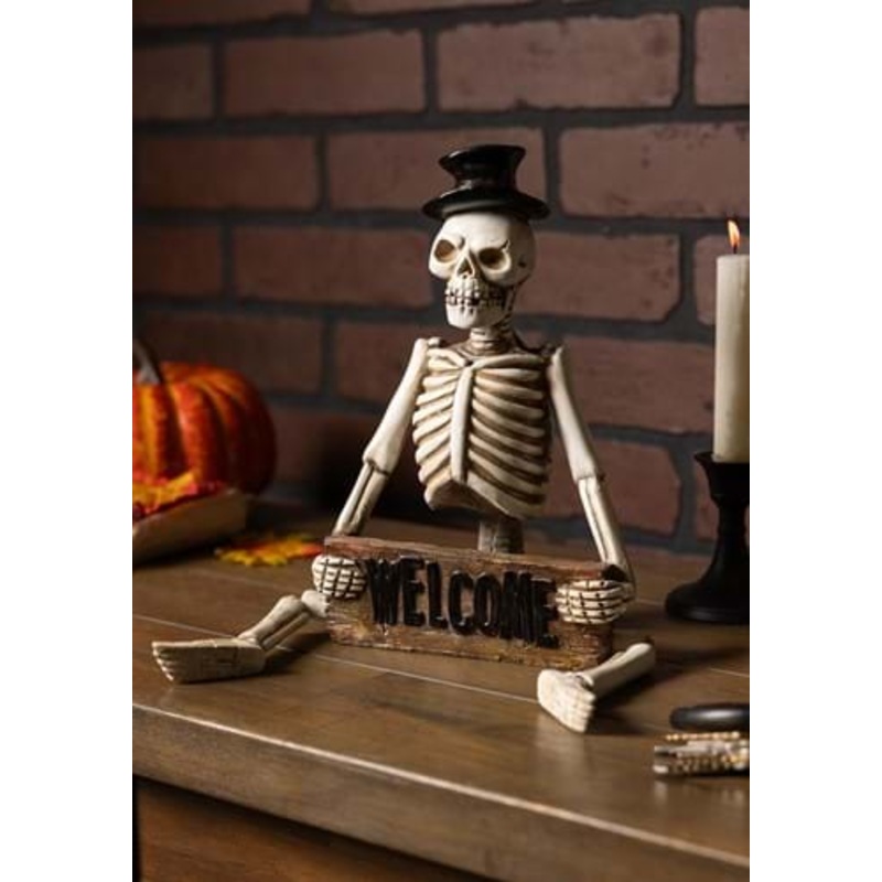 17 Inch Resin Skeleton Man Shelf Sitter with Welcome Sign Standard