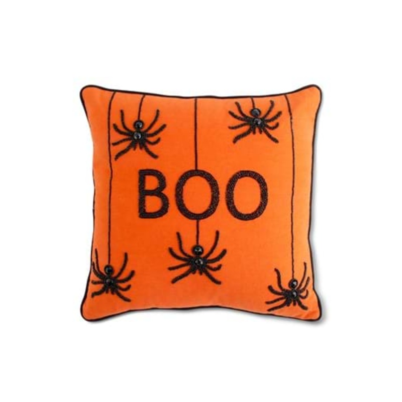 18 Inch Orange Square Beaded BOO Pillow with Spiders Standard