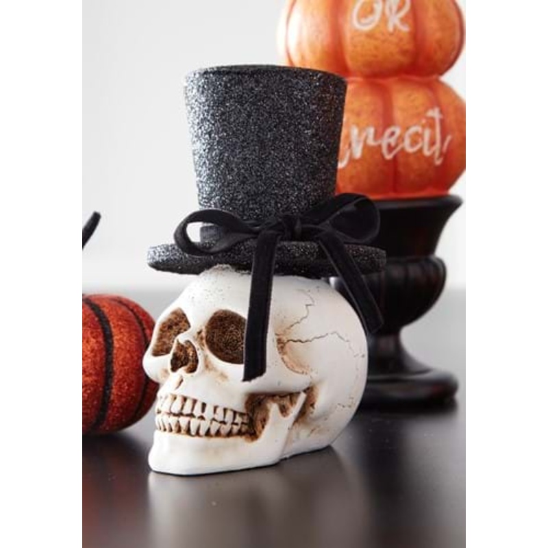 5 Inch Resin Skull with Glittery Black Top Hat Standard