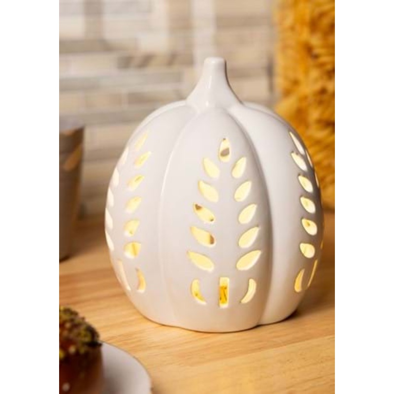 6.75 Inch White Ceramic Cutout LED Pumpkin Standard