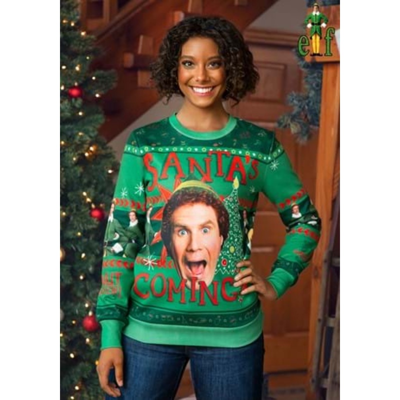 Santa's Coming Elf Adult Ugly Christmas Sweatshirt X-Small