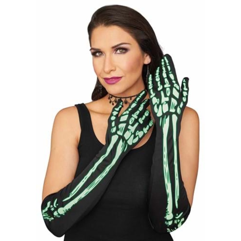 Elbow Length Glow in the Dark Skeleton Gloves Standard