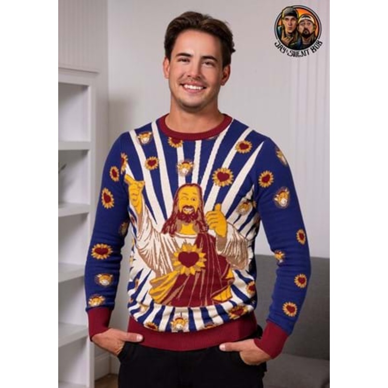 Jay and Silent Bob Buddy Christ Jesus Ugly Christmas Sweater Medium