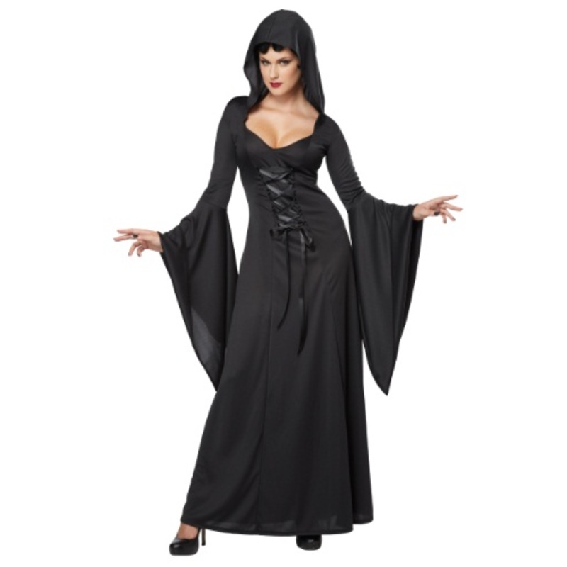 Women's Hooded Black Lace Up Robe Costume Small