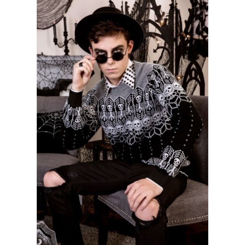 Adult Black and White Skeleton Halloween Sweater Medium