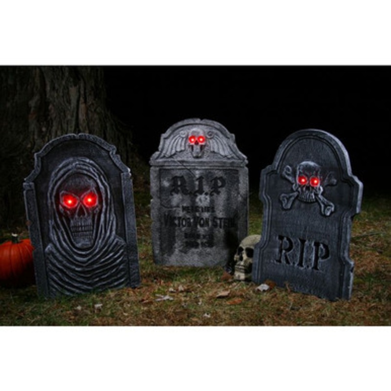 22" Light-Up Tombstones Skull & Cross Bones