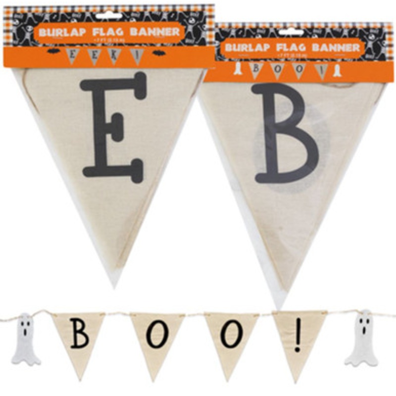 BANNER HALLOWEEN FLAG BURLAP 7FT 2AST PHRASES BOO!/EEK! FLAG