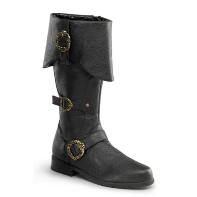 Caribean Distressed Men's Pirate Boots w/ Octopus Buckles & Inner Side Zip Black 2 Wide