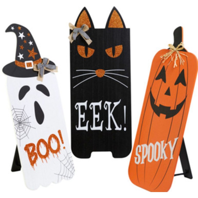 HALLOWEEN MDF EASEL BACK STANDING DECOR 3AST CAT/PUMPKIN/GHOST APROX 24INH Assorted Colors