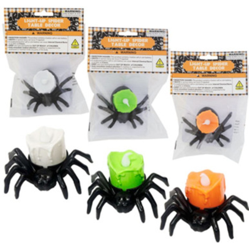 LIGHT-UP SPIDER TABLE DECOR 3AST WHITE/GREEN/ORG LIGHT Assorted Colors