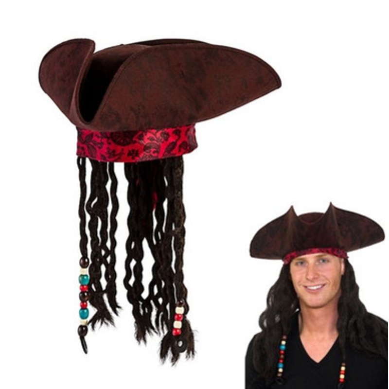Pirate Hat Brown with attached Pirate Wig and Red Bandana
