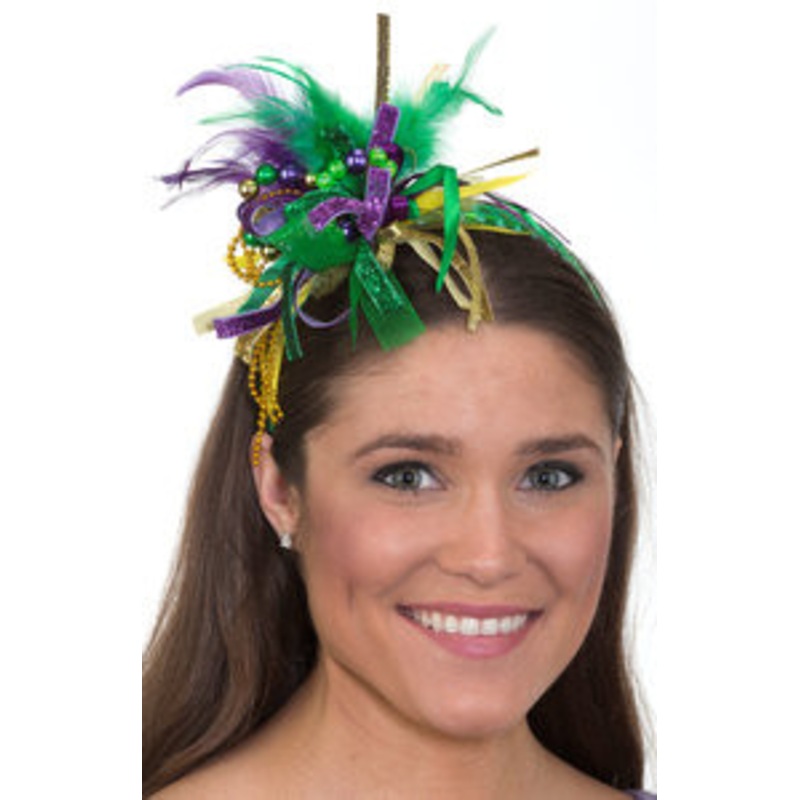 Mardi Gras Headband w/ Feathers, Ribbion & Beads