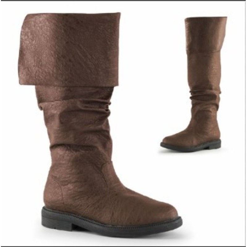 Men's Brown Cuffed Knee High Renaissance 1" Flat Heel Boot White and Red 2 Wide