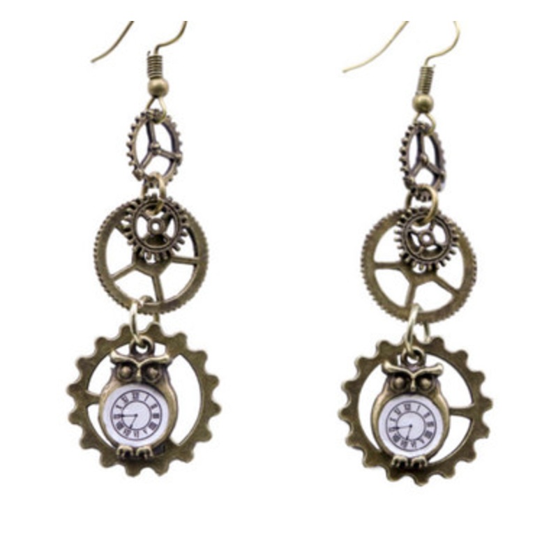 Steampunk Earring with Grears and Owls Cheetah