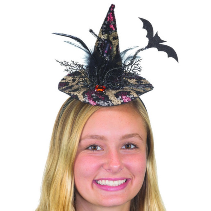 Witch Hat Headband w/Sequins, Feathers, & Bat