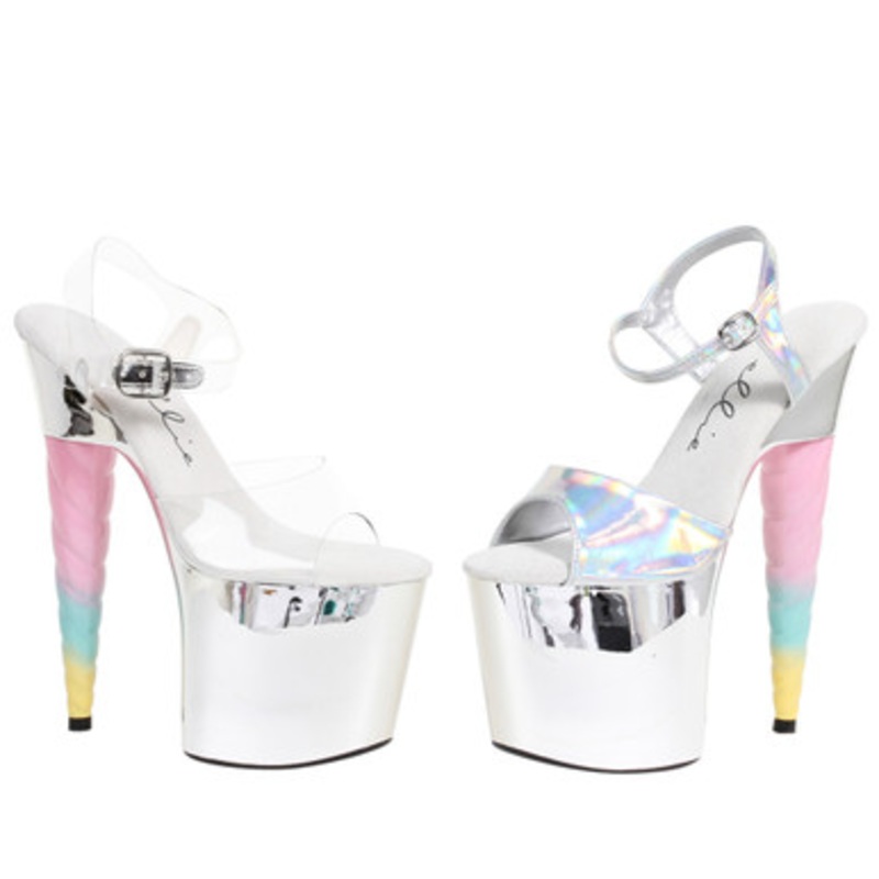 Women's 7" Heel Unicorn Heel Ankle Strap Platform Sandal Ladies 12 Light Pebble Blue