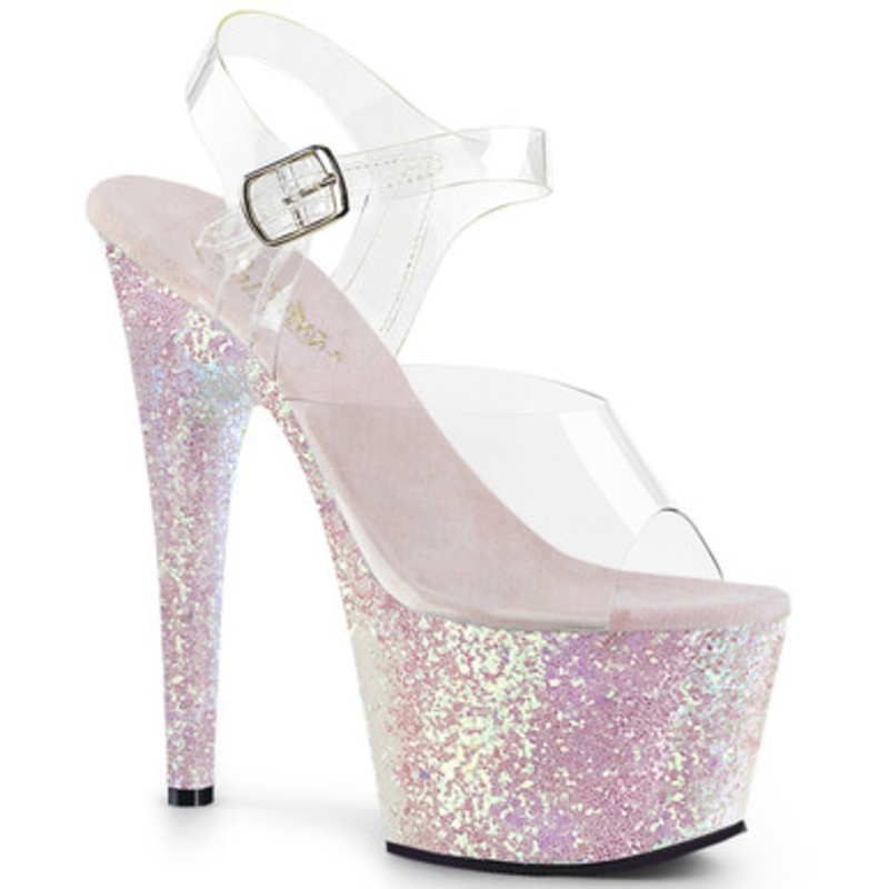 7" (178mm) Heel, 2 3/4" (70mm) Platform Ankle Strap Sandal Featuring Holographic Glitters on the Entire Platform Bottom Ladies 10 Light Pebble Blue