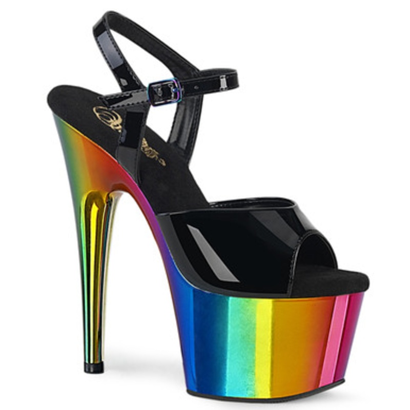 7" (178mm) Heel, 2 3/4" (70mm) Platform Ankle Strap Sandal Featuring Rainbow Chrome Plated Platform Bottom 2 Wide