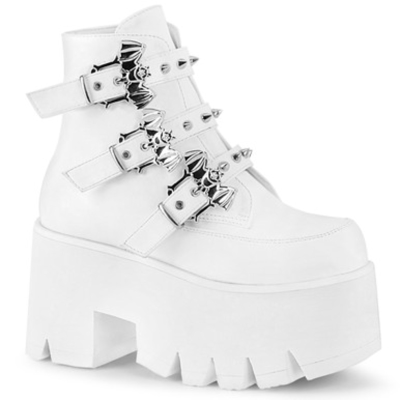 Demonia Ashes 55 White Vegan Leather 3 1/2" (90mm) Chunky Heel 2 1/4" (57mm) Cut Out Platform Ankle Boot Ladies 10