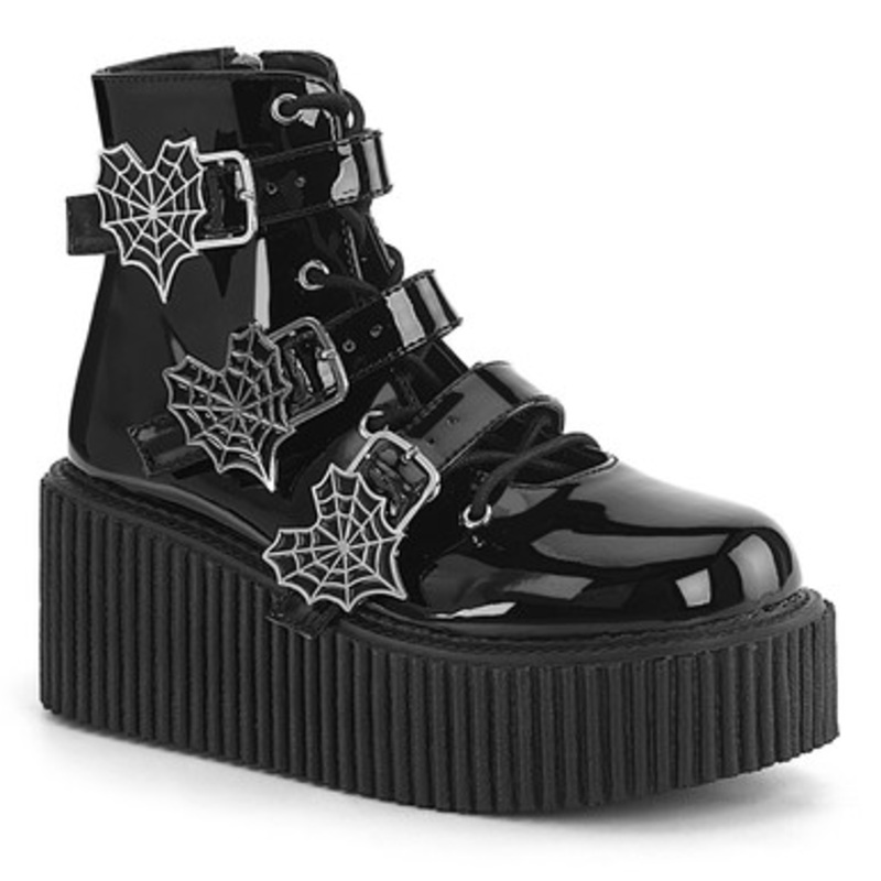 Demonia  Creeper Ankle Boot 3" (76mm) Platform Open Front Lacing Ankle High Creeper Boot Featuring 3 Heart Shaped Spider Web Buckle Straps Ladies 10