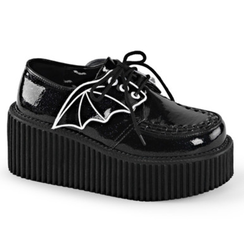 Demonia Creeper Black Glitter Vinyl 3" (7.6cm) Platform Creeper with Detachable Embroidered Bat Wings and Interwoven Apron & Piping Detail Size 6