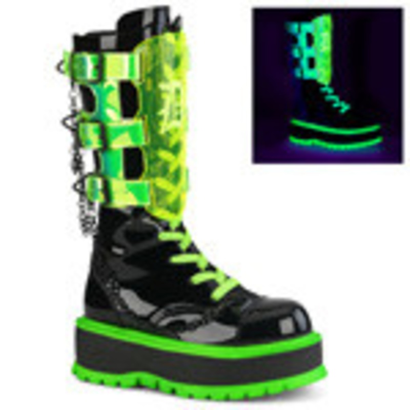 Demonia Slacker UV Neon Mid Calf Ankle Boot -156 2" PF Metal Slide White and Red Size 6
