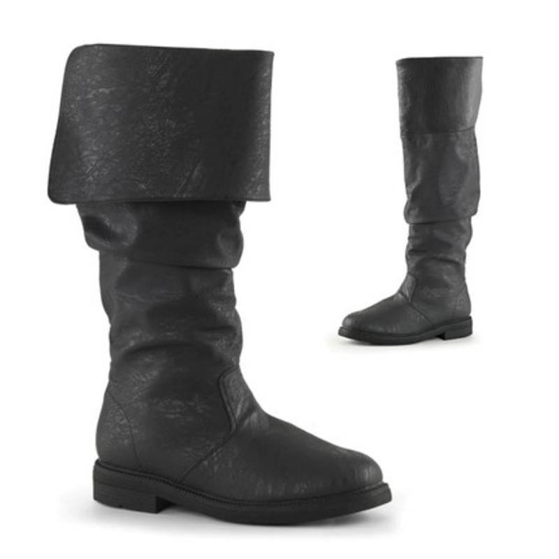 Men's Black Cuffed Knee High Renaissance 1" Flat Heel Boot White and Red 2 Wide