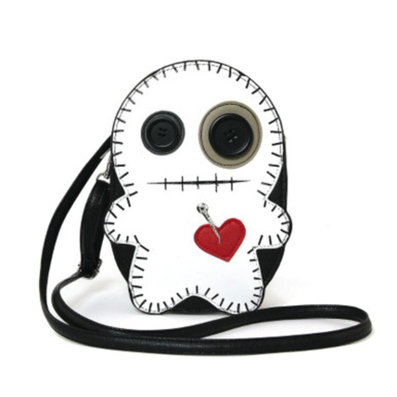 Stitched Voodoo Doll Shoulder Crossbody Bag In Vinyl Material Black