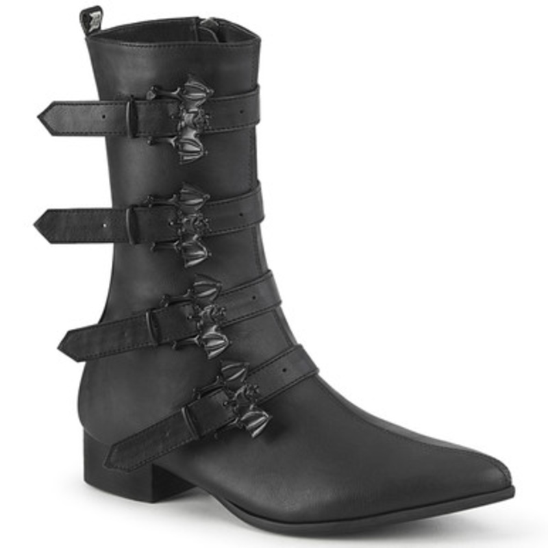 Warlock-50-B Black Vegan Leather 1 1/2" Block Heel Pointed Toe Ankle Boot 2 Wide