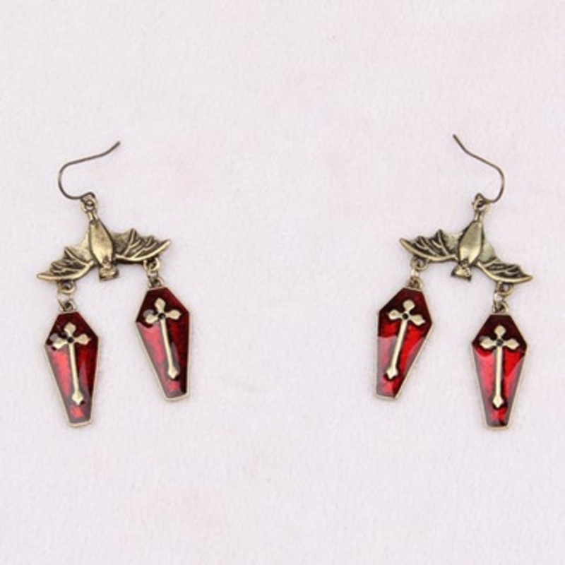 Bat Earrings with 2 Red Caskets Coffin Hanging