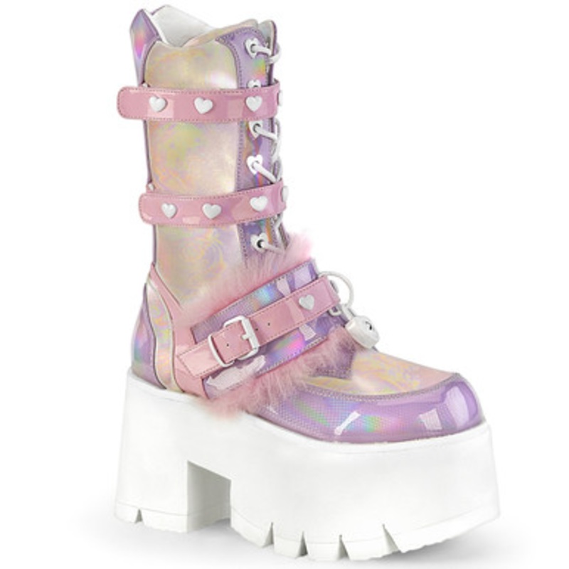 Demonia Ashes Midcalf Boot 3 1/2" B. Pink Lavender Holographic 2 Wide