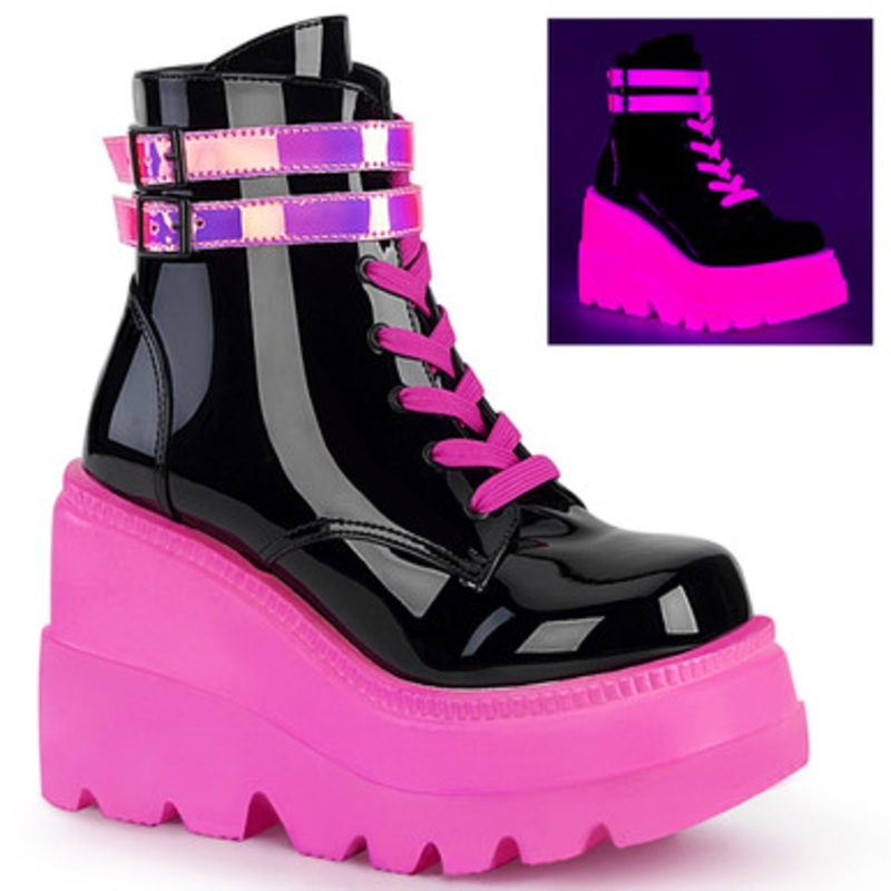 Demonia Shaker Black Pat-UV Neon Pink 4 1/2" Wedge Ankle Boot 2 Wide