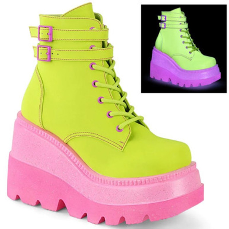 Demonia Shaker Lime Reflective Vegan Leather 4 1/2" Wedge PF 2 Wide